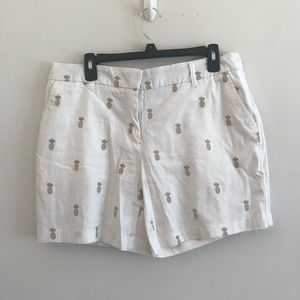 Charlie Paige White Bermuda Shorts with Gold Pineapple Print M